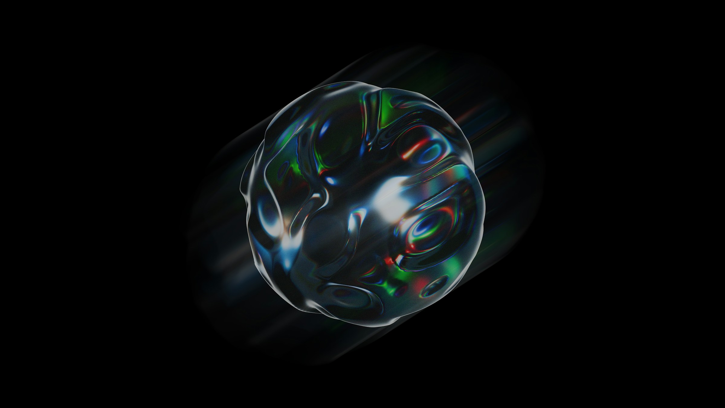 Iridescent glass form moving through a dark space